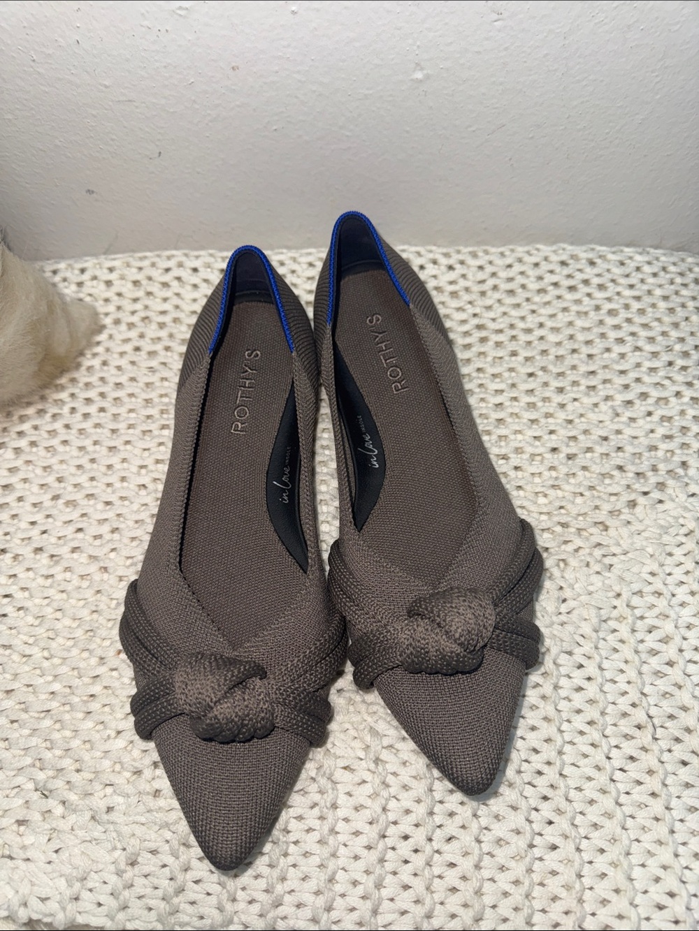 Rothy's Pointed Knot Flats — Taupe with Blue Trim